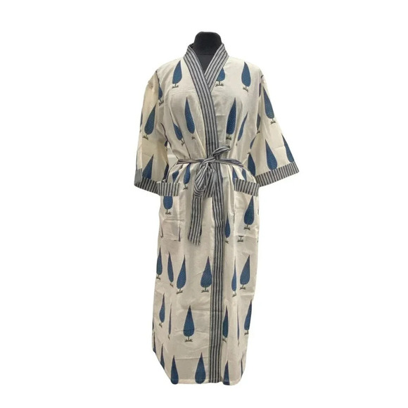 Cotton Block Printed Robe Cypress Tree Print - Picture 1 of 6